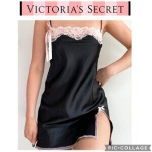 Victoria's Secret Angels Black Satin Pink Lace-Ribbon Slip Dress SZ Large Womens